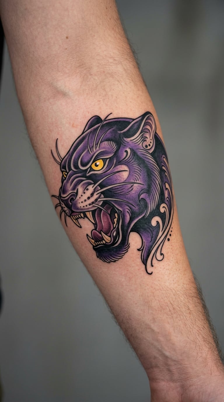 Neo-Traditional Panther Head on a Diagonal Inner Forearm Line