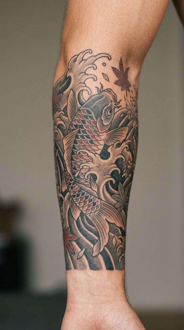 Japanese Irezumi Koi Rising Through a Wave