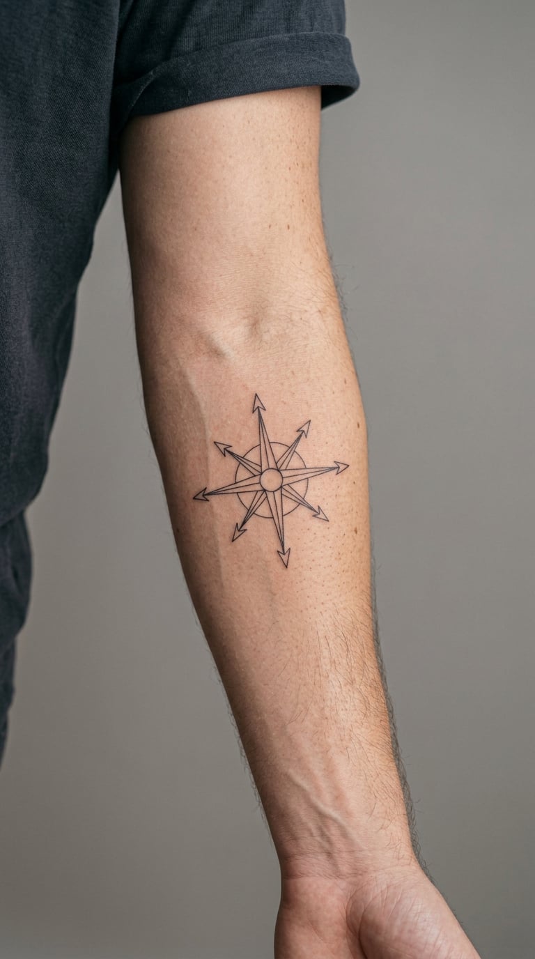 Fine-Line Geometric Compass Rose for a Subtle Inner Forearm Tattoo