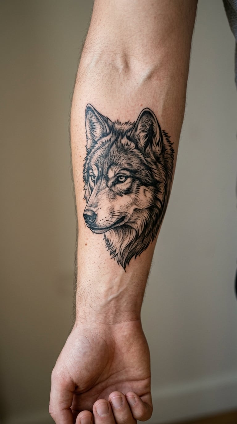 Black-and-Grey Wolf Portrait on the Mid-Forearm