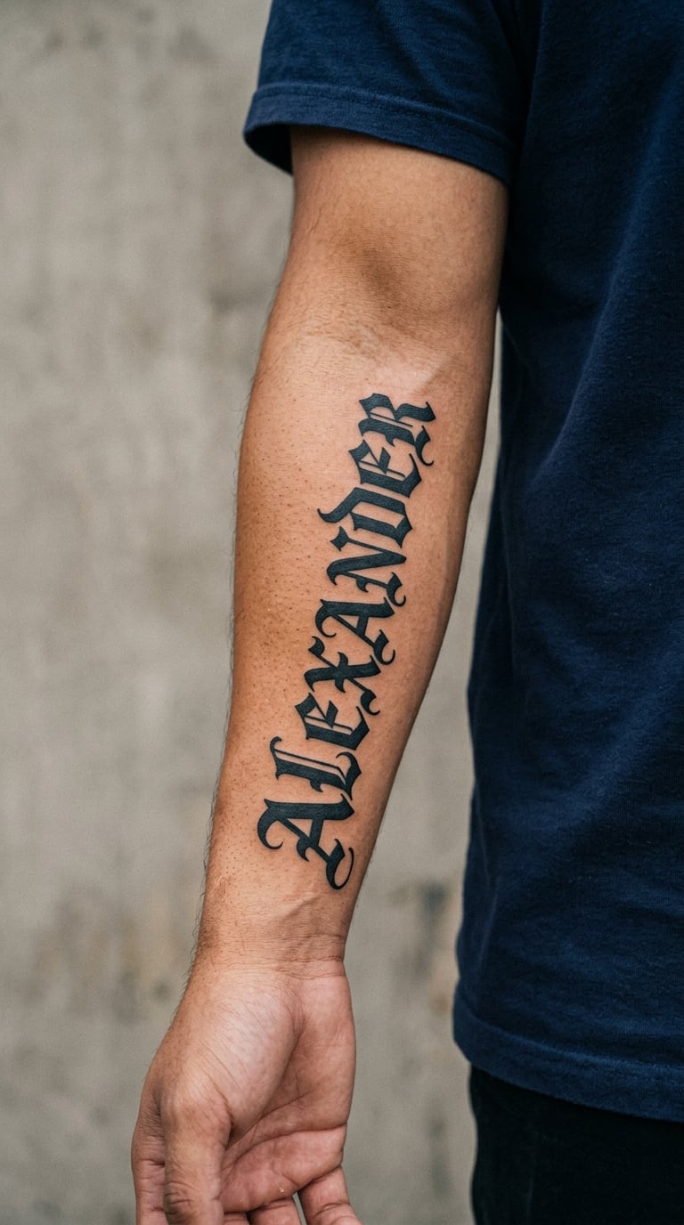 A Name in Old English Lettering Along the Inner Forearm