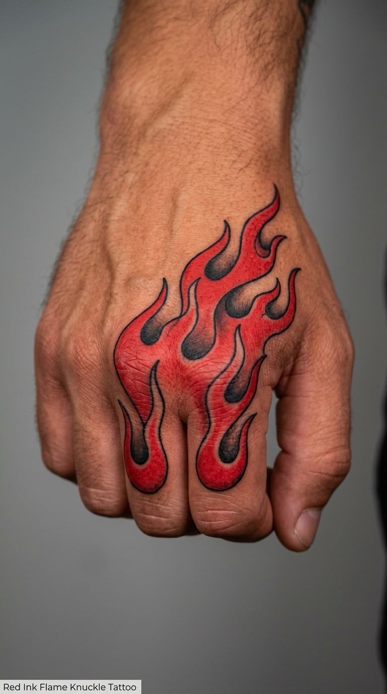 Red Ink Flame Knuckle Tattoo