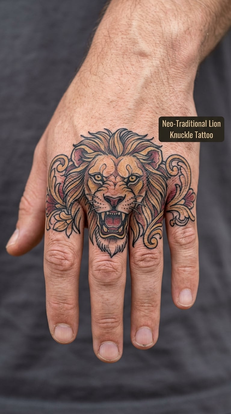 Neo-Traditional Lion Knuckle Tattoo
