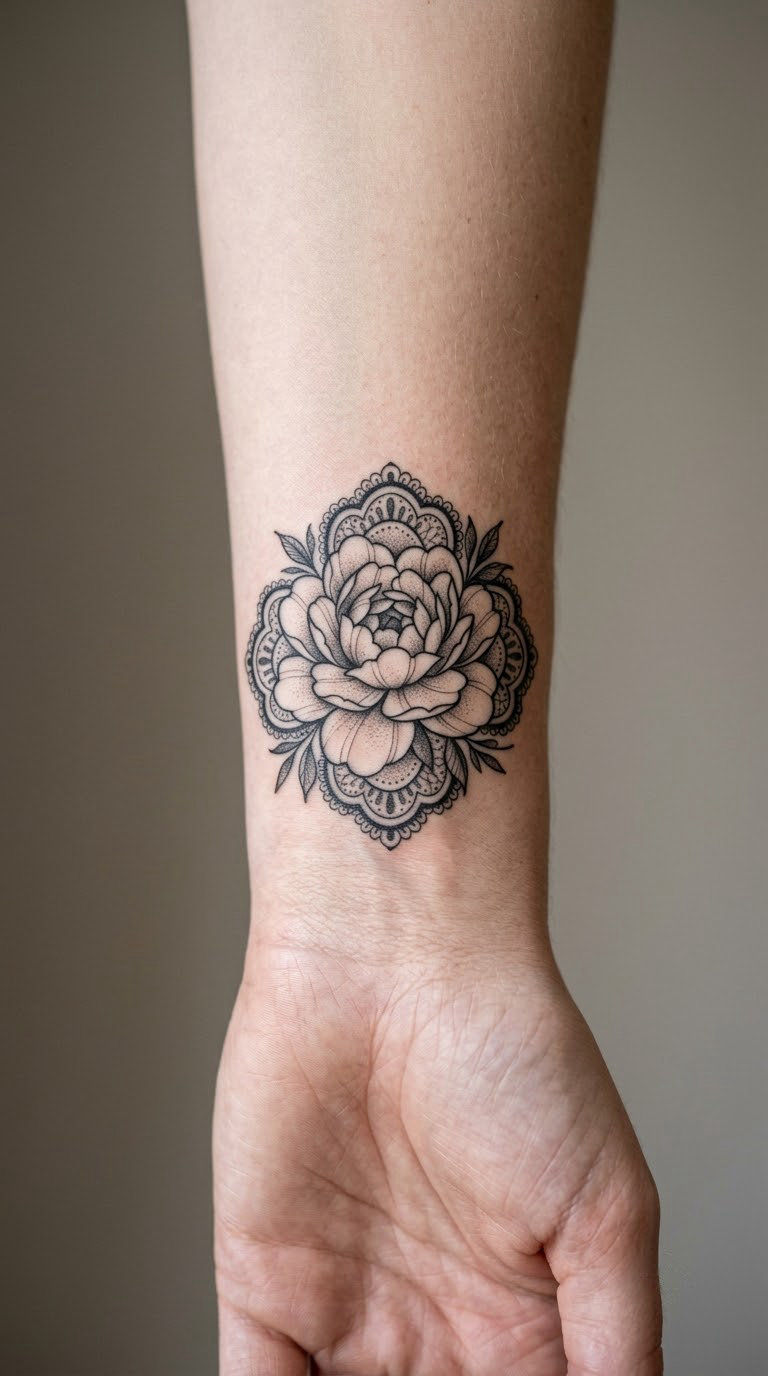 Lace Peony Wrist Tattoo