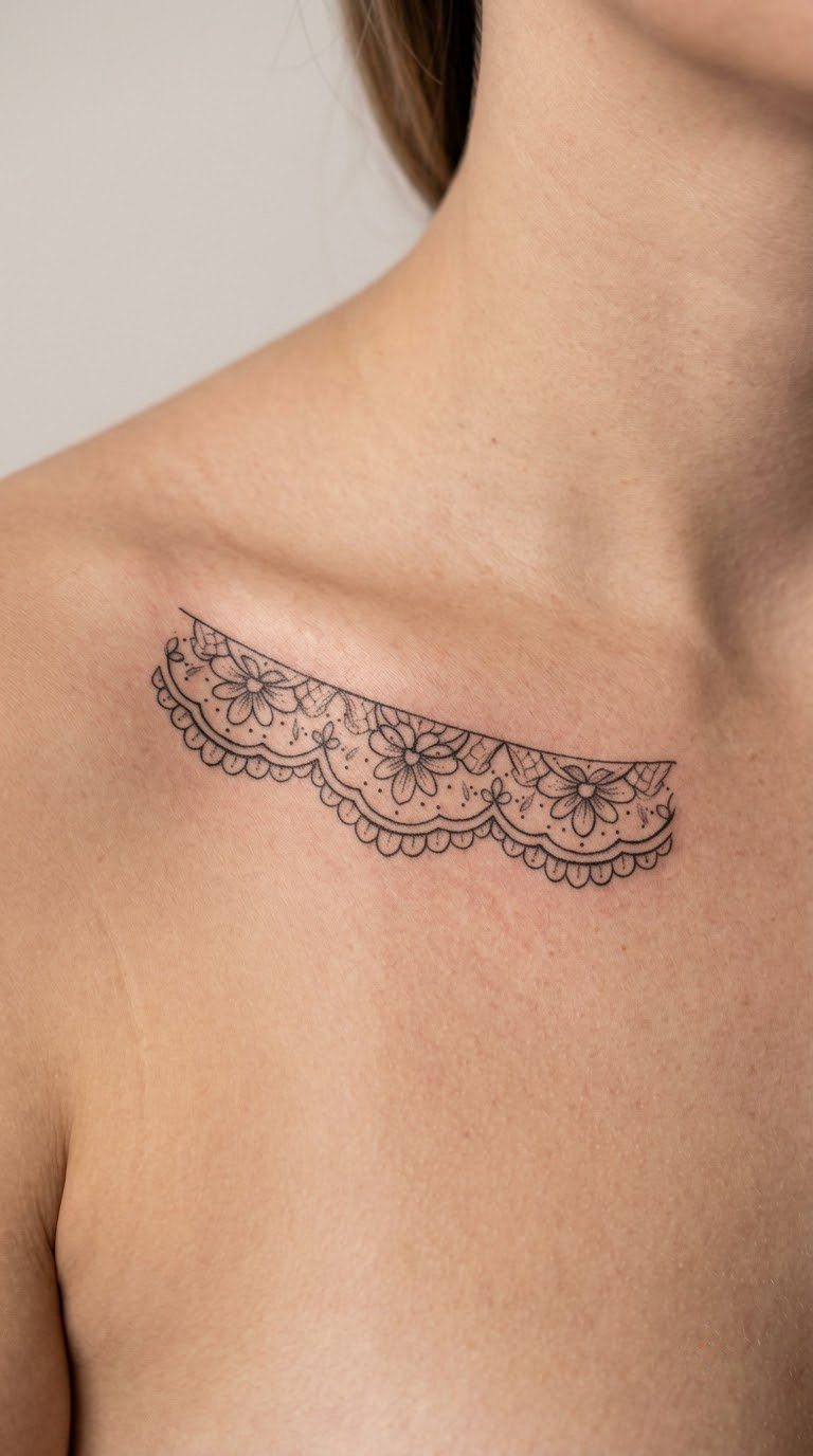 Fine-Line Lace Bralette Collarbone Tattoo