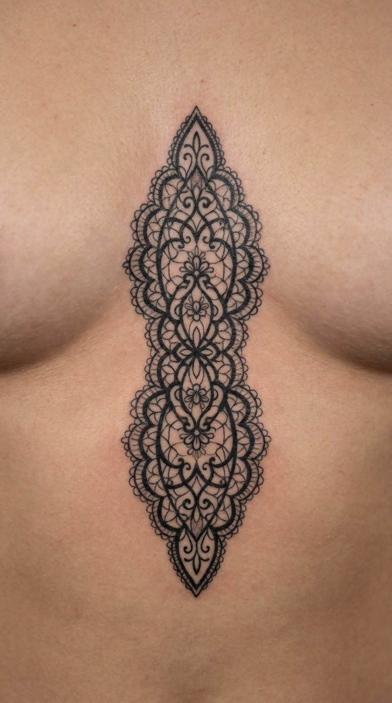 Lace Panel Sternum Tattoo