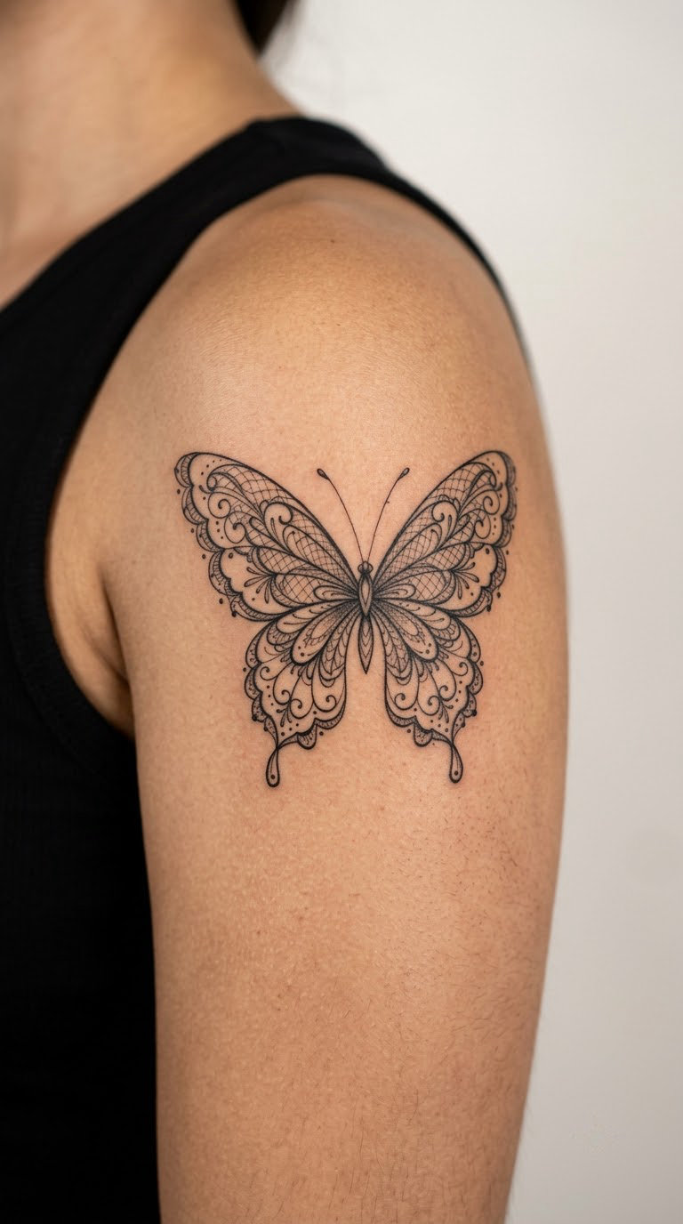Lace Butterfly Shoulder Tattoo