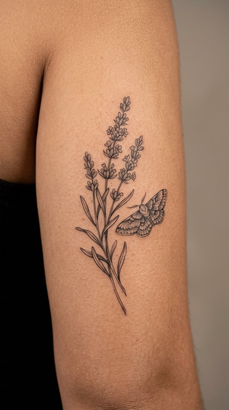 The Lavender and Moth on the Back of the Upper Arm