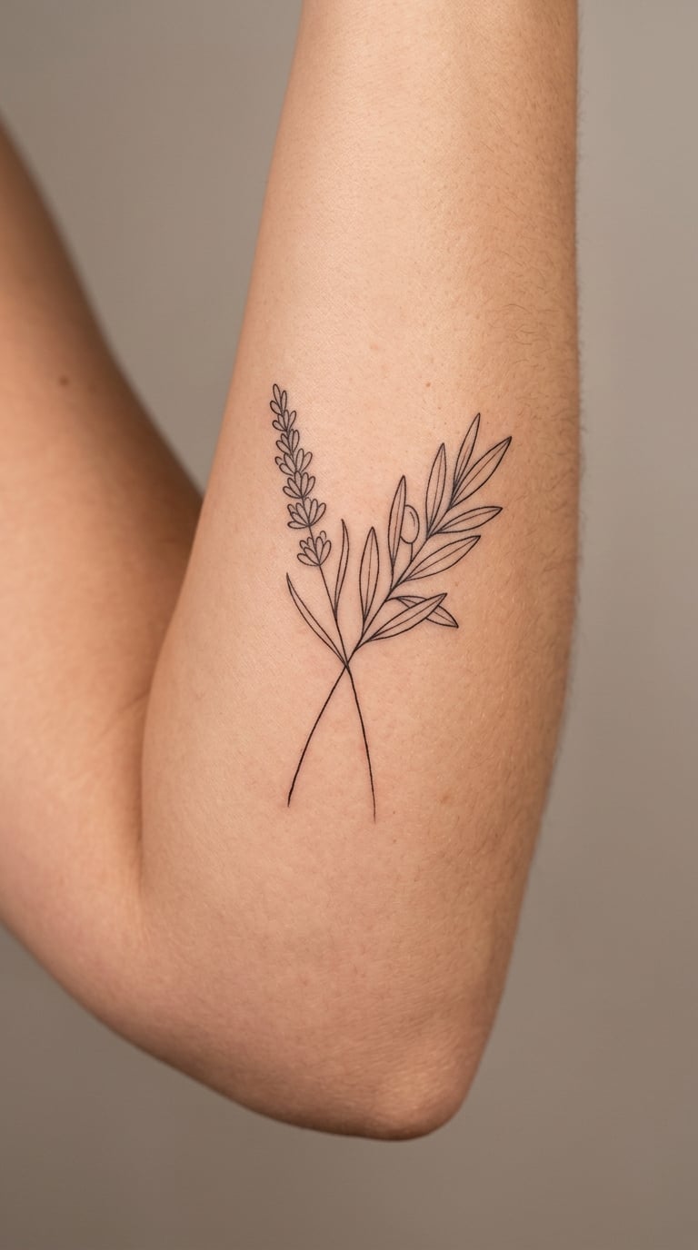 Lavender and Olive Branch on the Outer Forearm