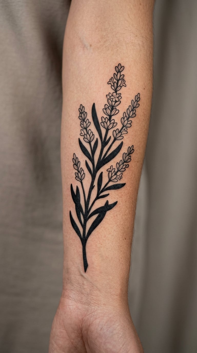 The Blackwork Lavender Branch on the Outer Forearm