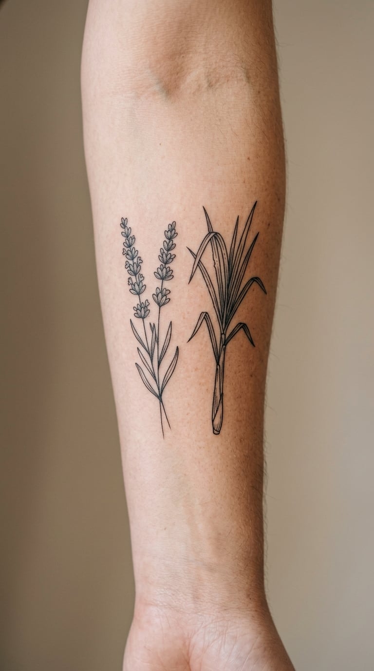 Lavender and Lemongrass Paired on the Inner Forearm