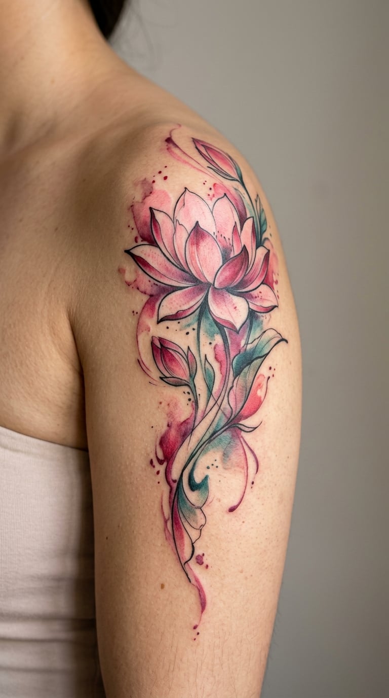 Realistic Watercolour Lotus on the Shoulder