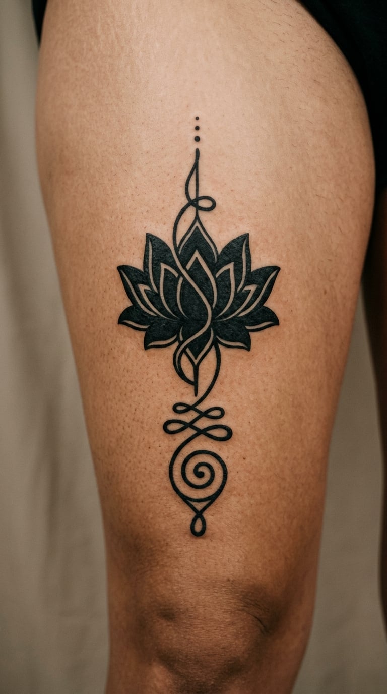 Blackwork Lotus With an Unalome on the Thigh