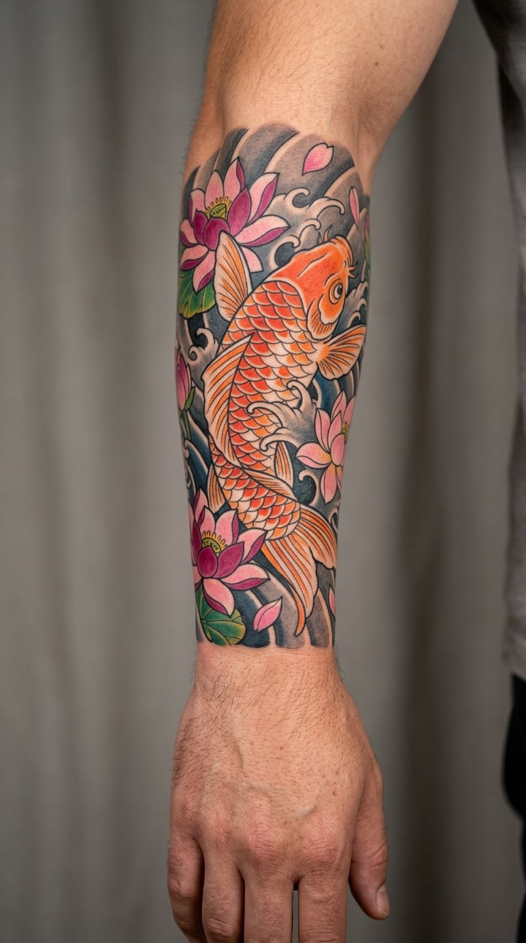 Lotus and Koi Wrapping the Forearm
