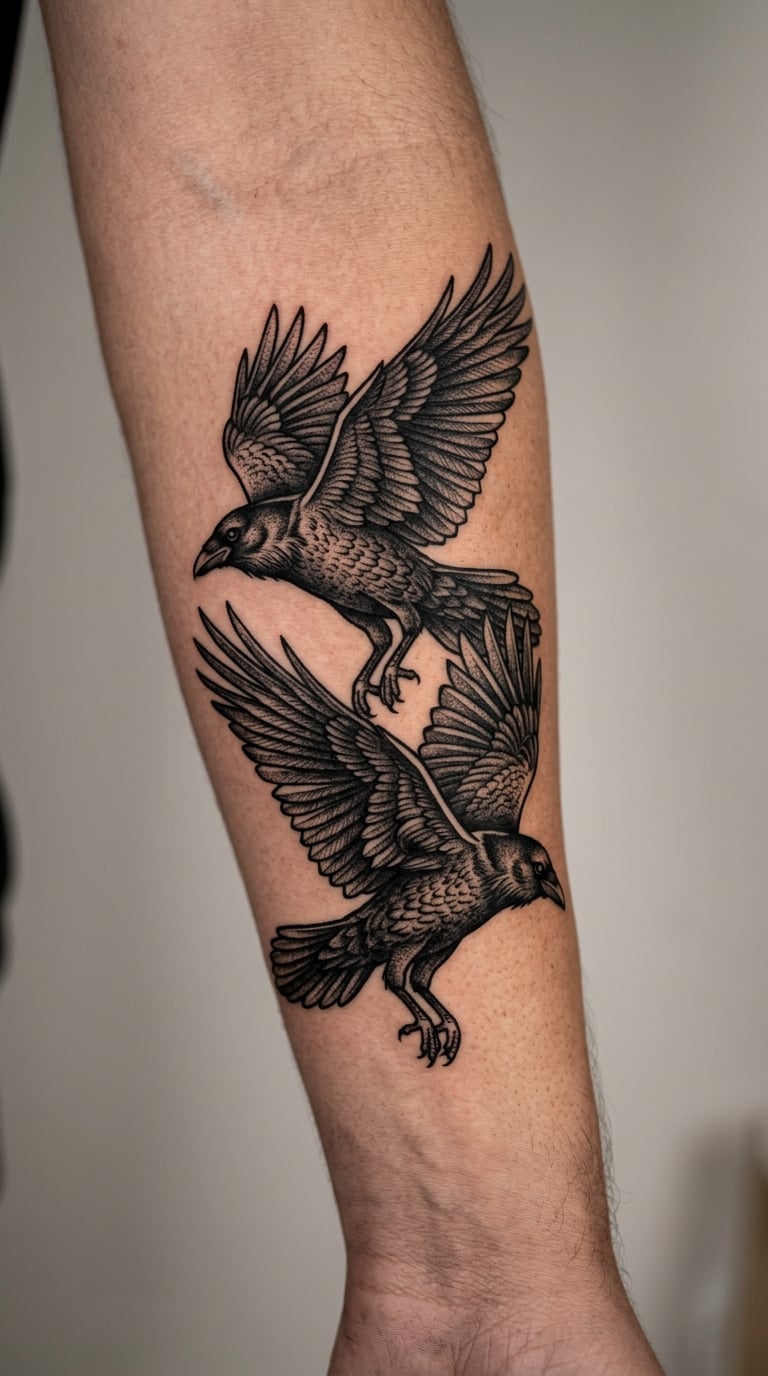 Blackwork Ravens Flying Toward Each Other