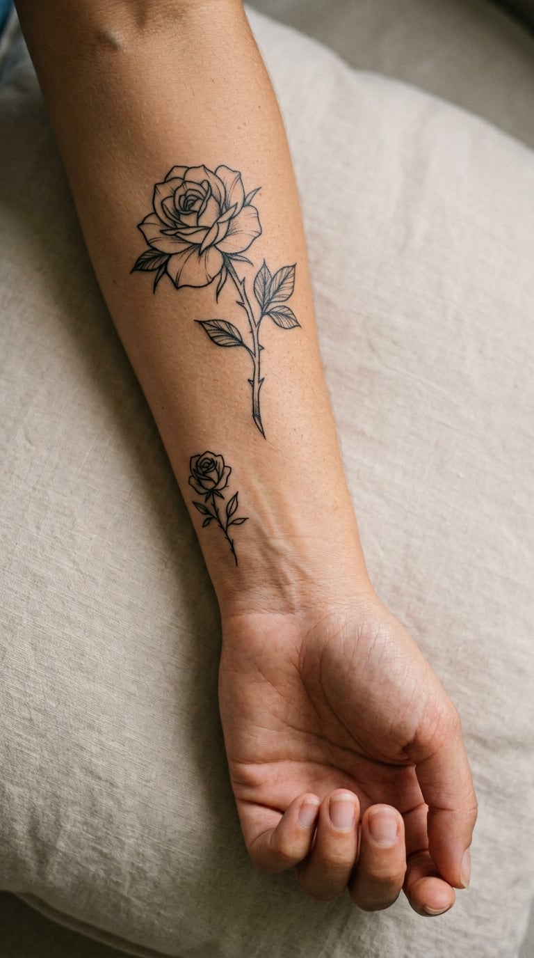 Matching Rose Linework Tattoos