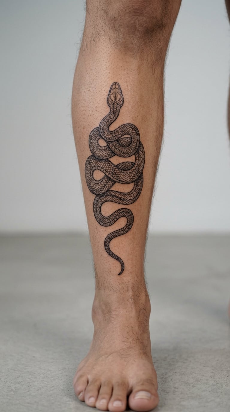 Coiled Snake Line Drawing on the Shin