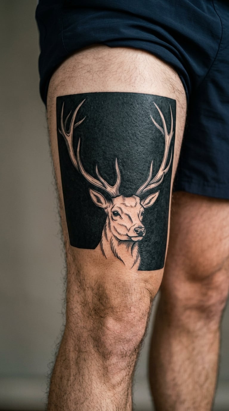 Negative-Space Stag on the Outer Thigh