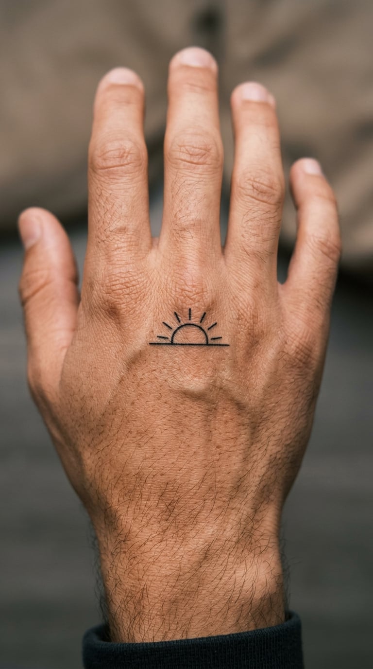 Minimal Sunrise Over a Horizon Line on the Back of the Hand