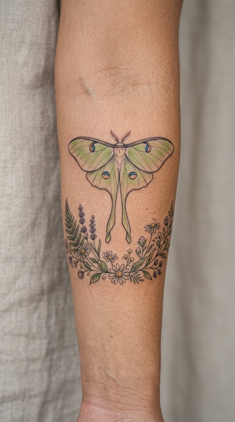 Moth and Wildflowers on the Outer Forearm