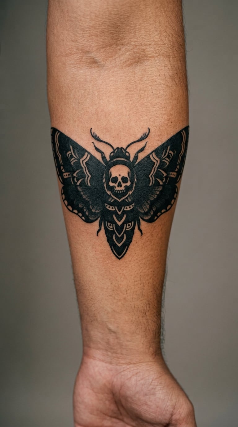 Blackwork Death's-Head Hawkmoth on the Inner Forearm