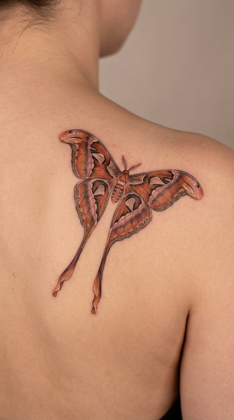 Realistic Atlas Moth Across the Shoulder Blade