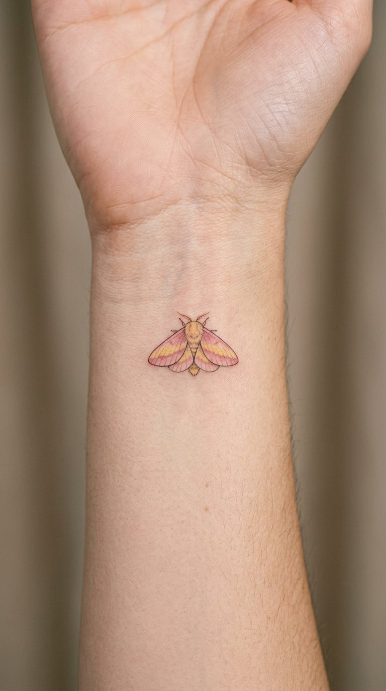 Rosy Maple Moth in Small Scale on the Wrist