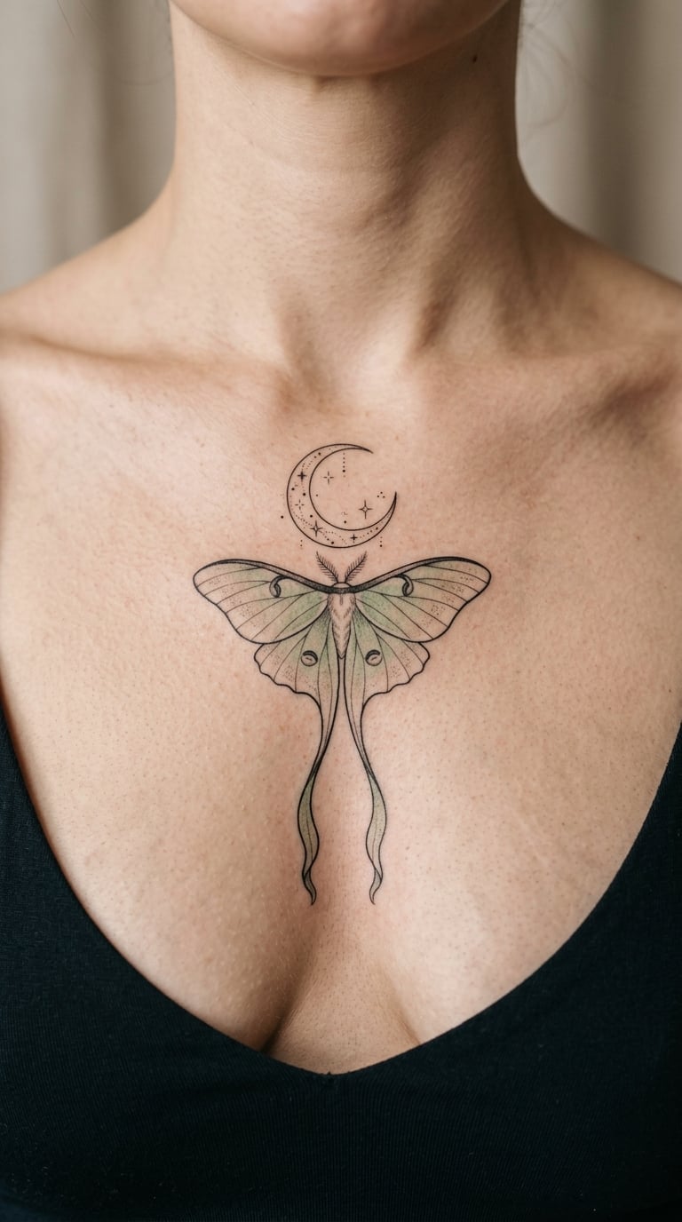 Luna Moth Under a Crescent Moon on the Sternum