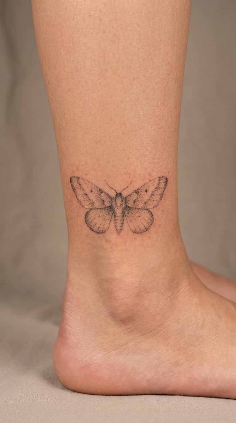 Minimal Dotwork Moth on the Ankle