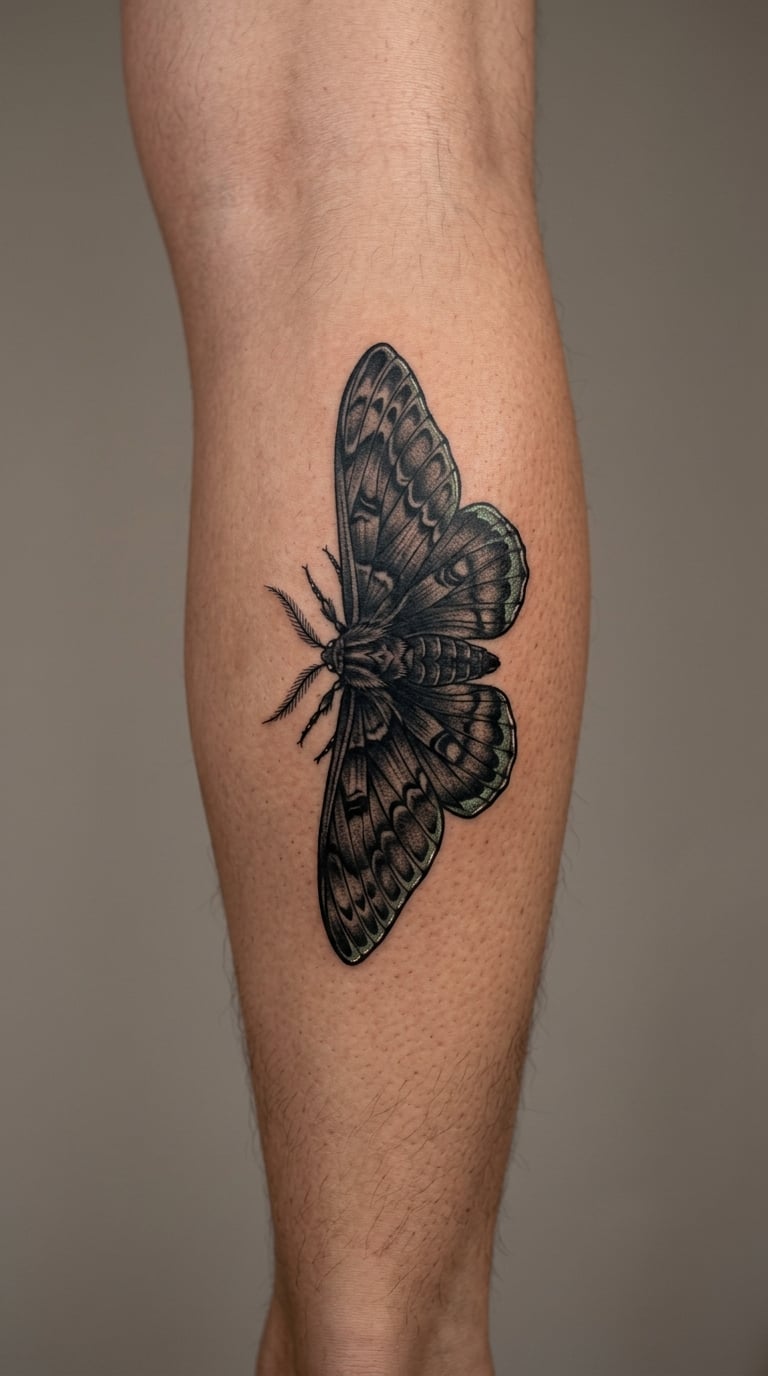 Green-Illuminated Black Witch Moth on the Calf