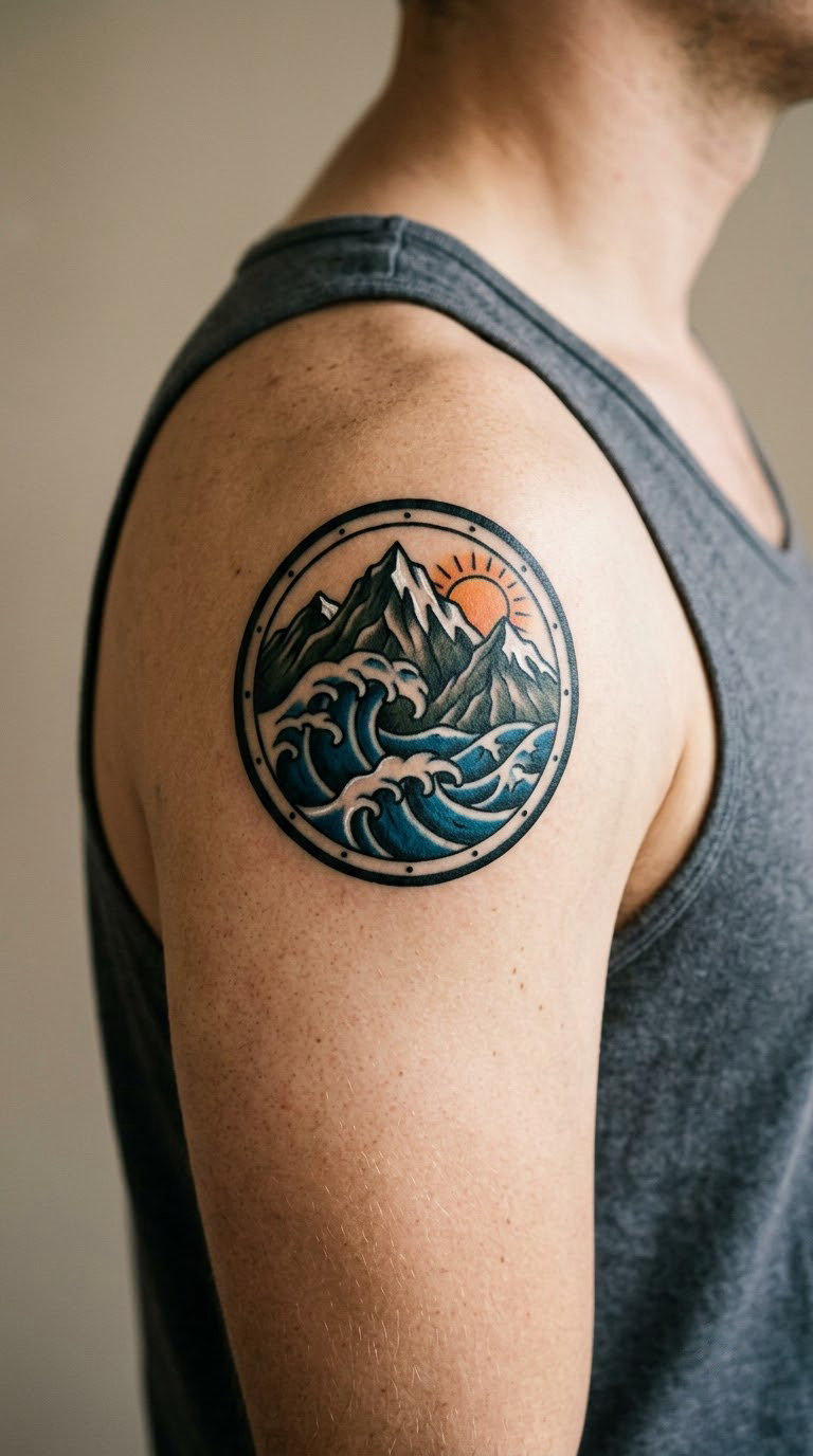 Mountain and Ocean in a Circular Badge