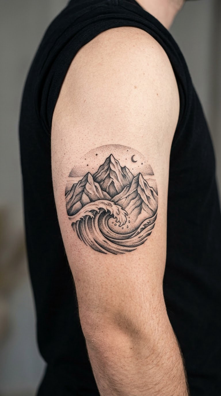 Mountain Silhouette and Rolling Wave in Dotwork