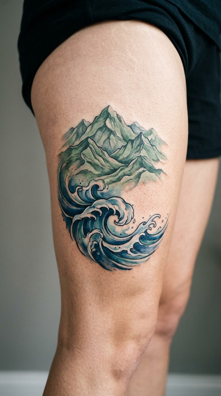 Watercolour Mountain Wash Into Blue Waves