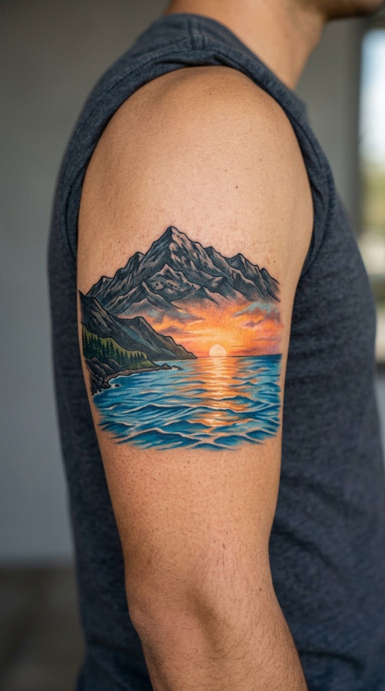 Mountain and Ocean Split by a Sunset