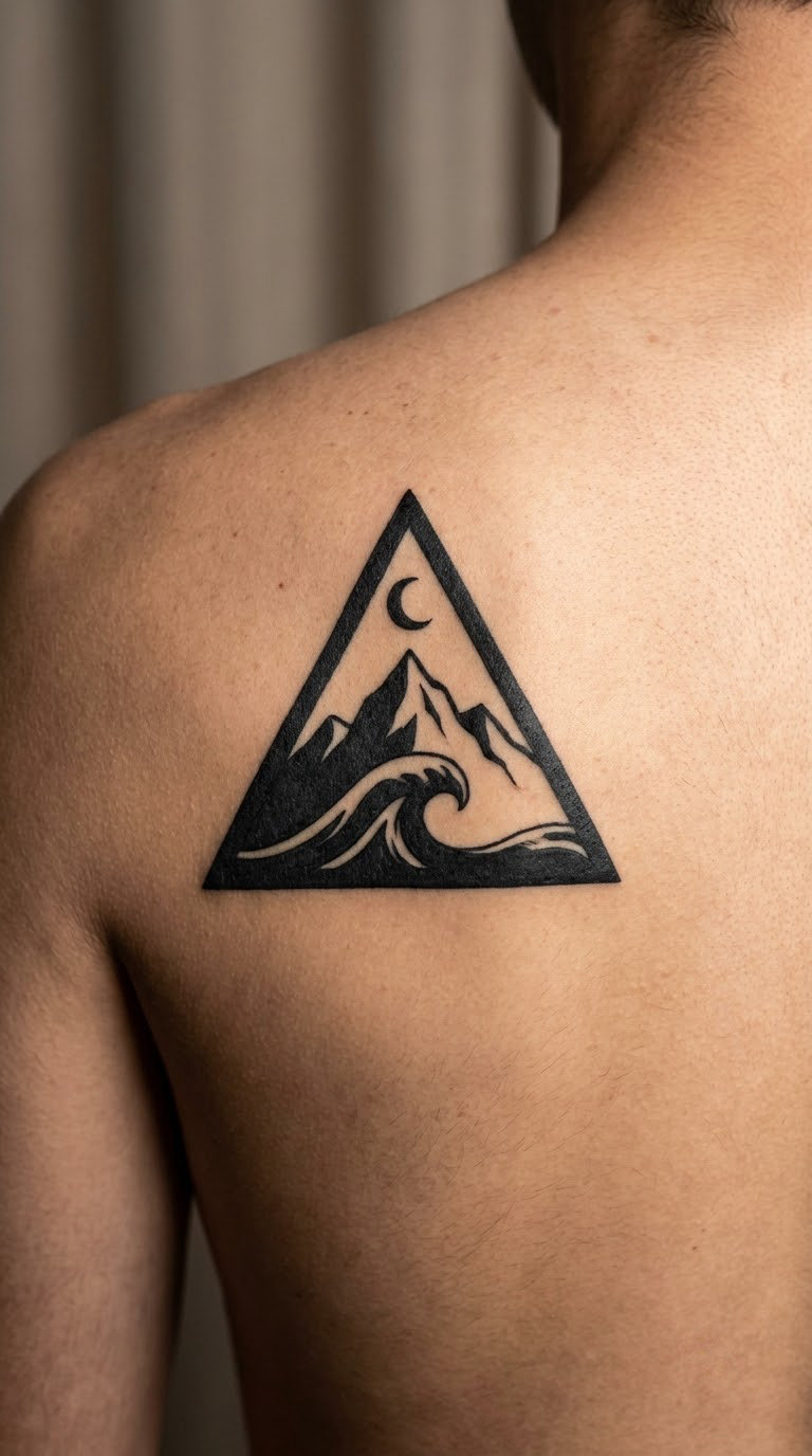 Mountain, Wave, and Crescent in a Blackwork Triangle
