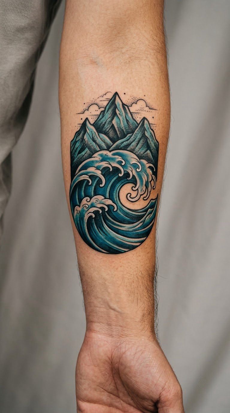 Mountain Range Rising From a Stylized Wave
