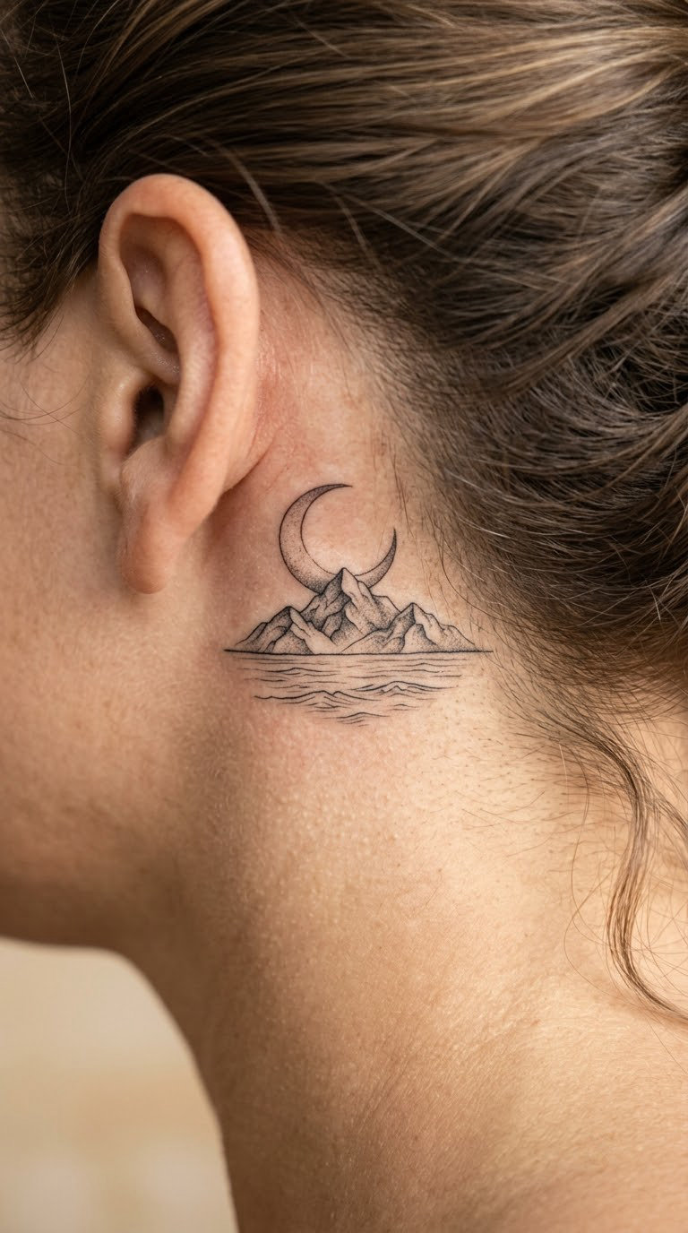 Crescent Moon Above Mountain and Ocean