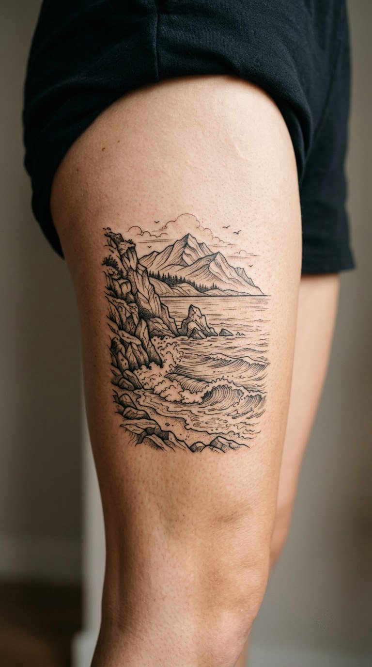 Coastal Cliffs, Mountain, and Breaking Tide