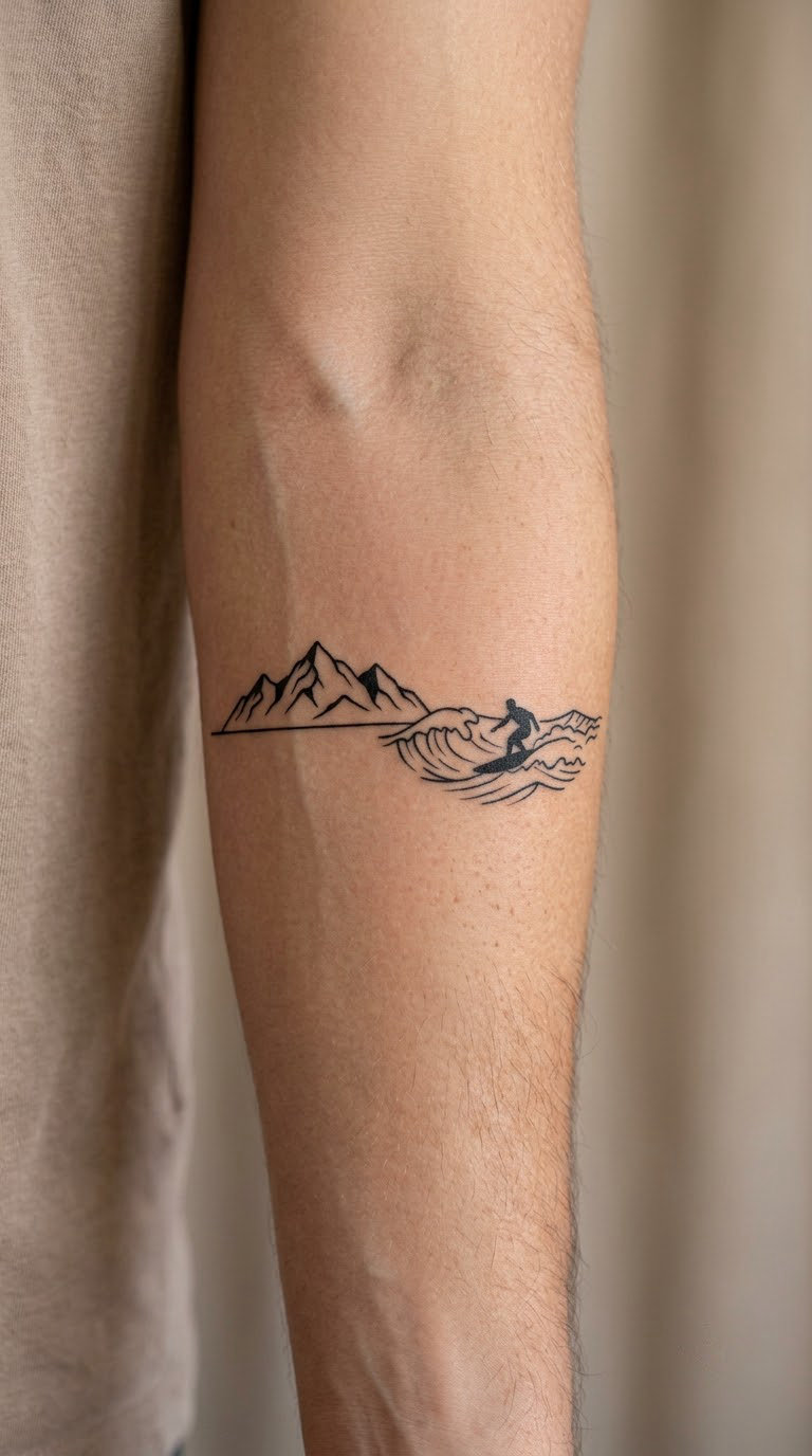 Surfer Silhouette Under a Mountain Horizon