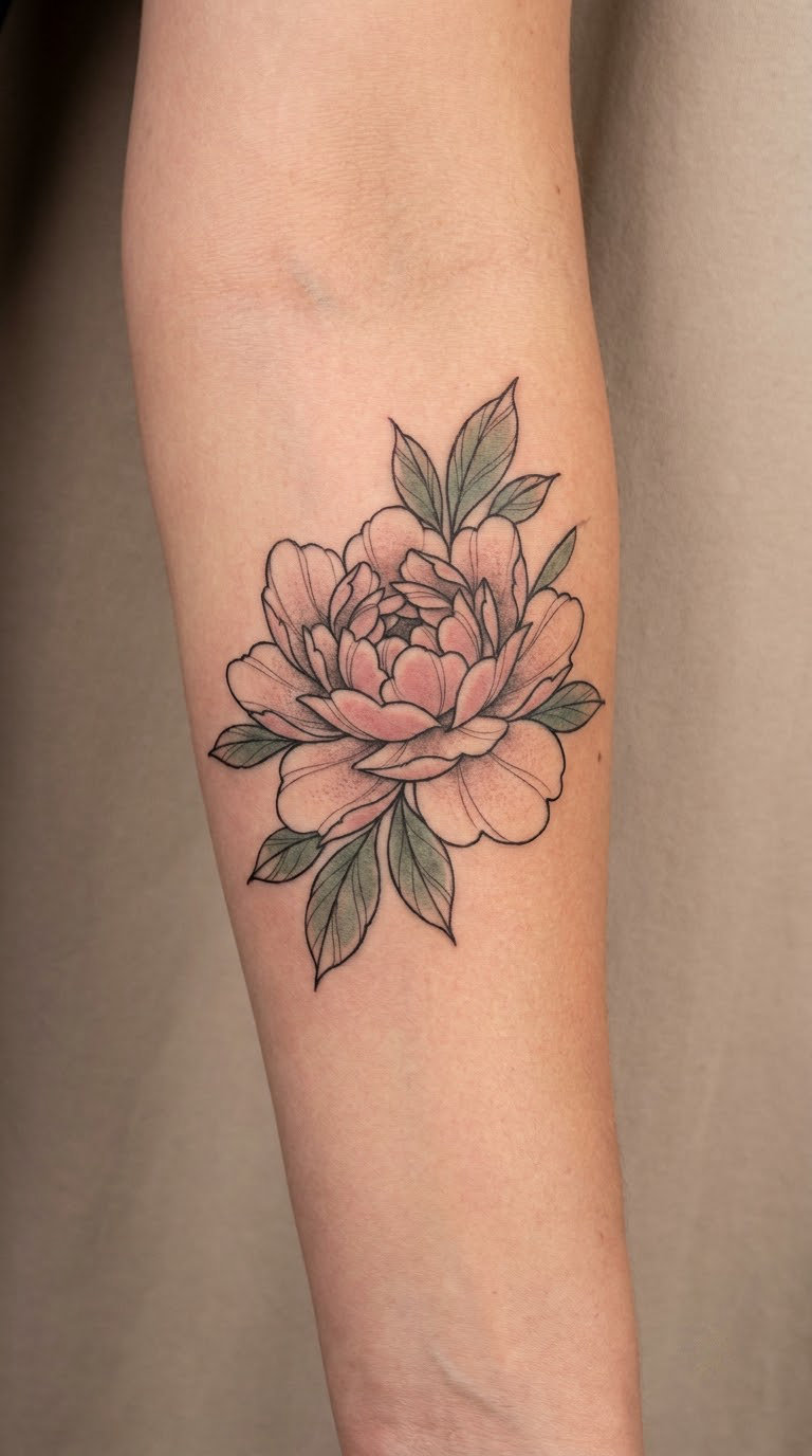 Fine-Line Peony Bloom on the Forearm