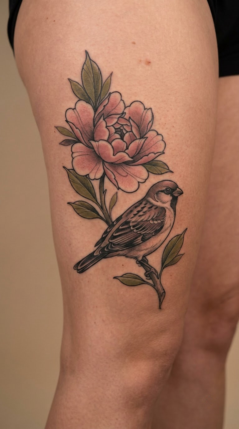 Peony and Sparrow on the Side Thigh
