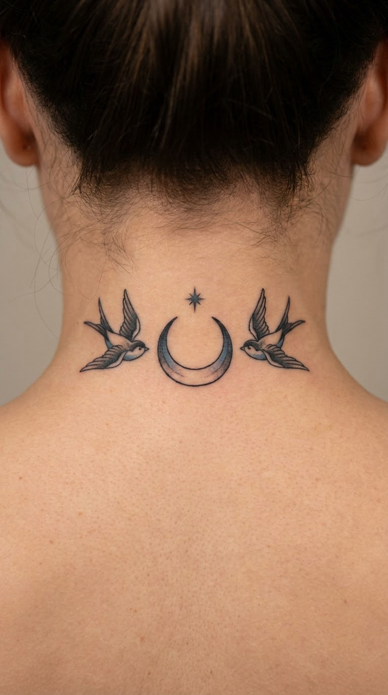 Crescent, Sparrows and Star on the Back of the Neck