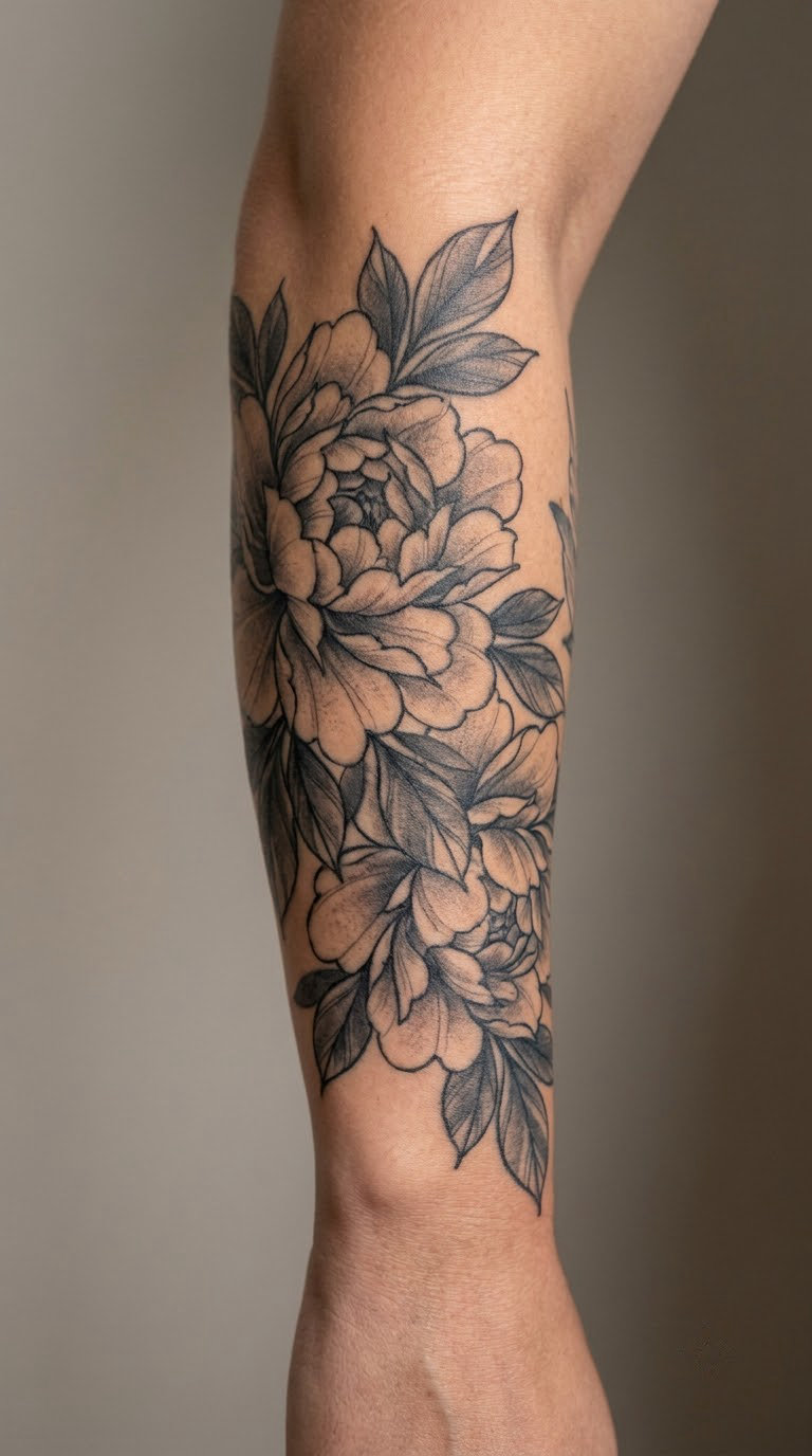 Black Peony Half Sleeve on the Forearm