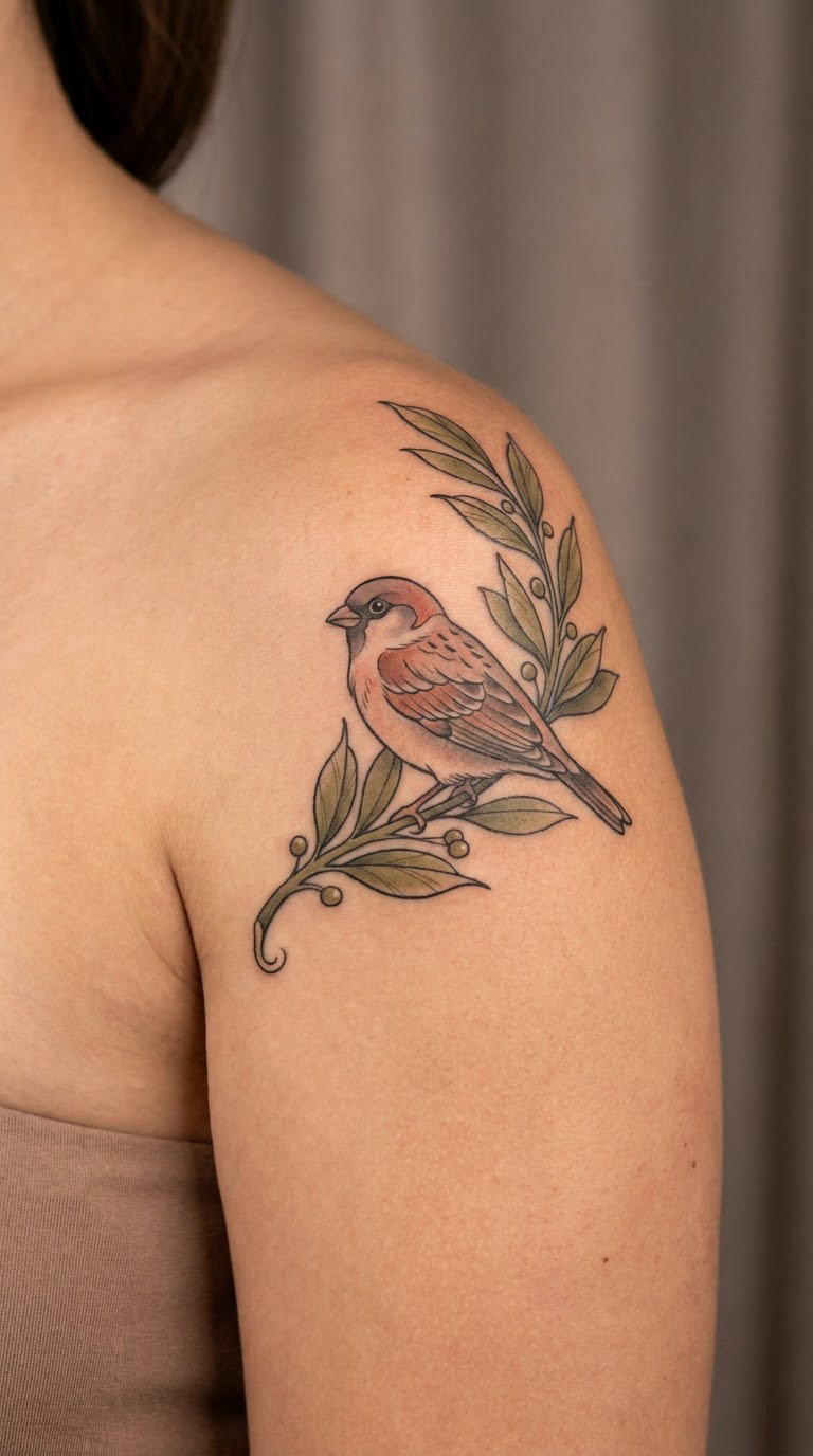 Sparrow and Laurel Branch on the Shoulder
