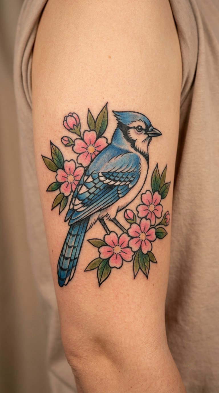 Blue Jay and Cherry Blossom on the Upper Arm