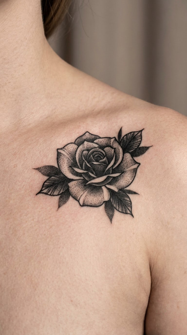 Blackwork Rose on the Collarbone