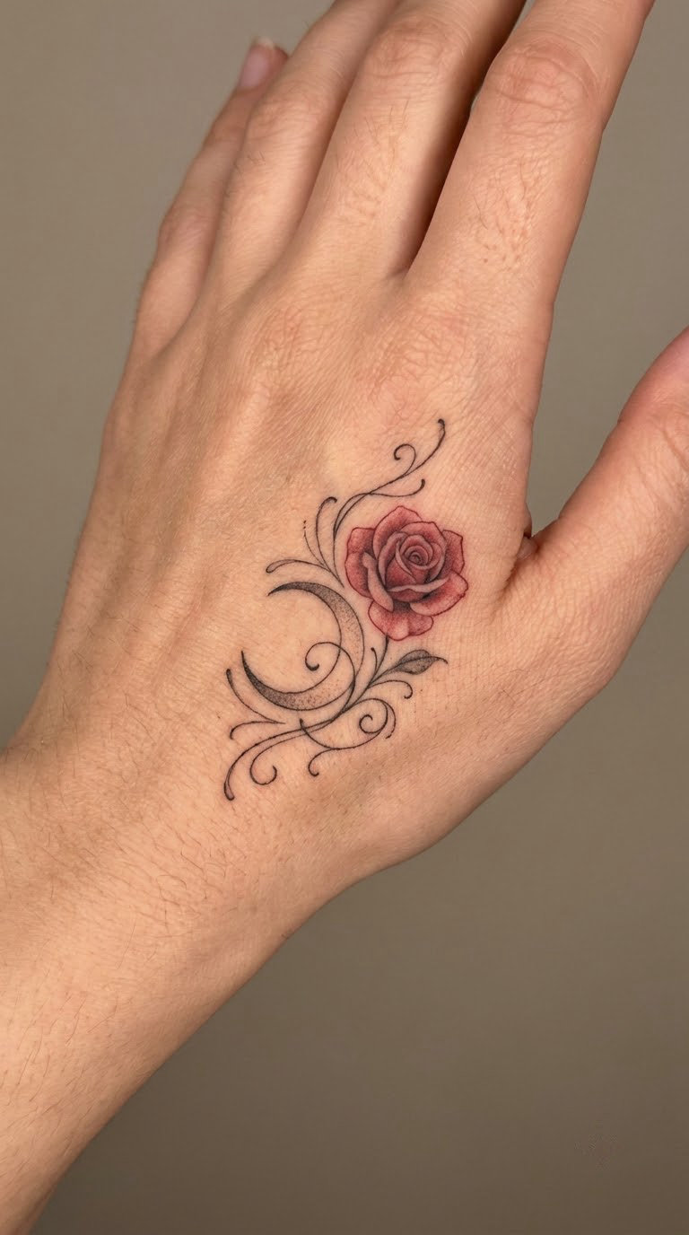 Rose, Moon and Fine-Line Ornament on the Back of the Hand