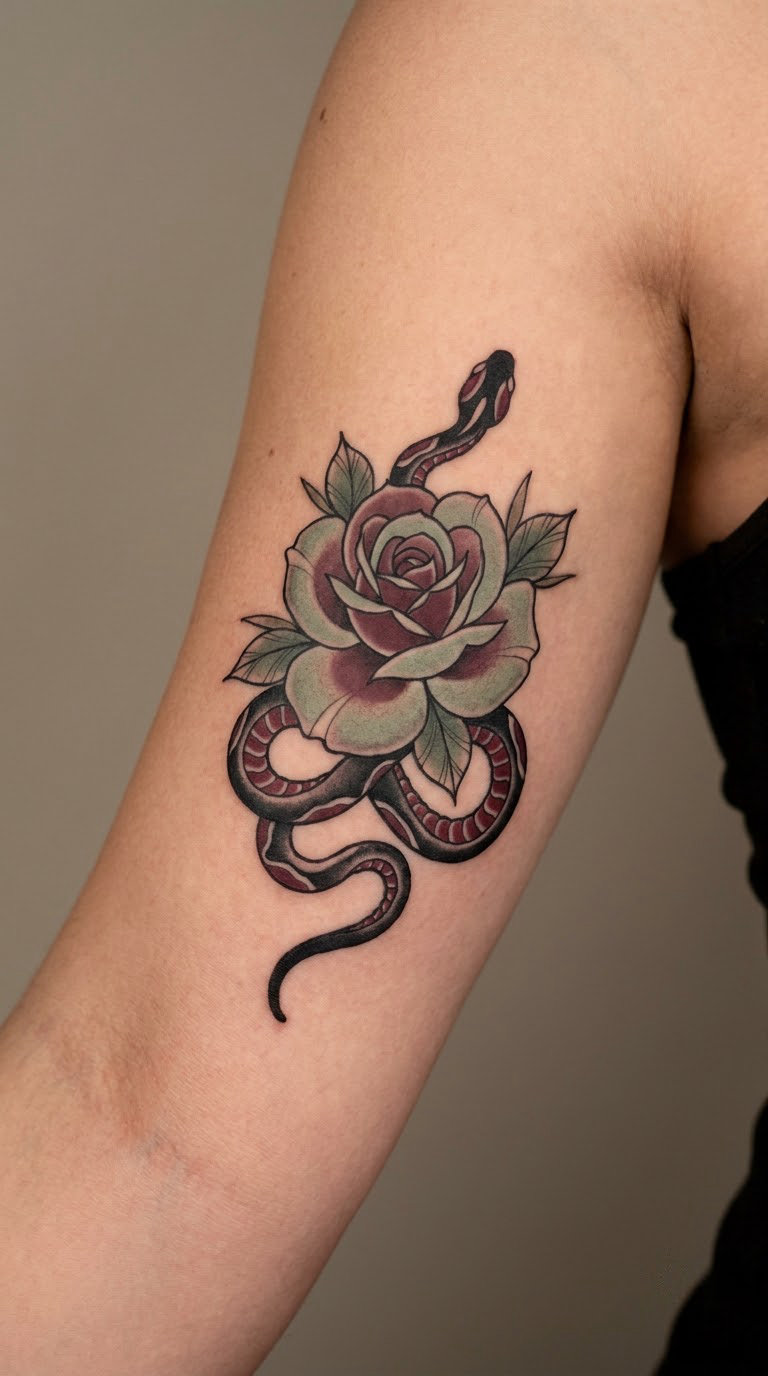 Muted Rose and Snake Wrap on the Upper Arm