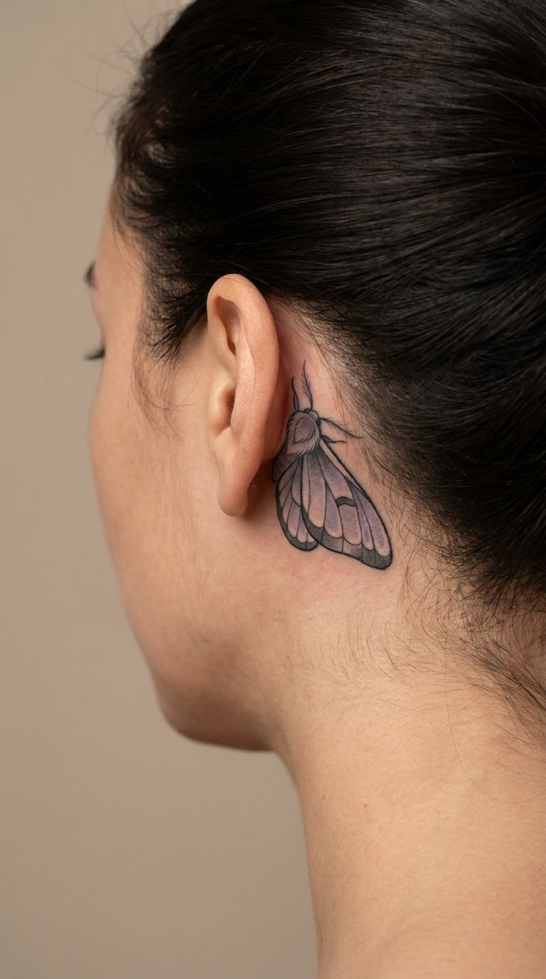 Moth with Lavender Wings Behind the Ear