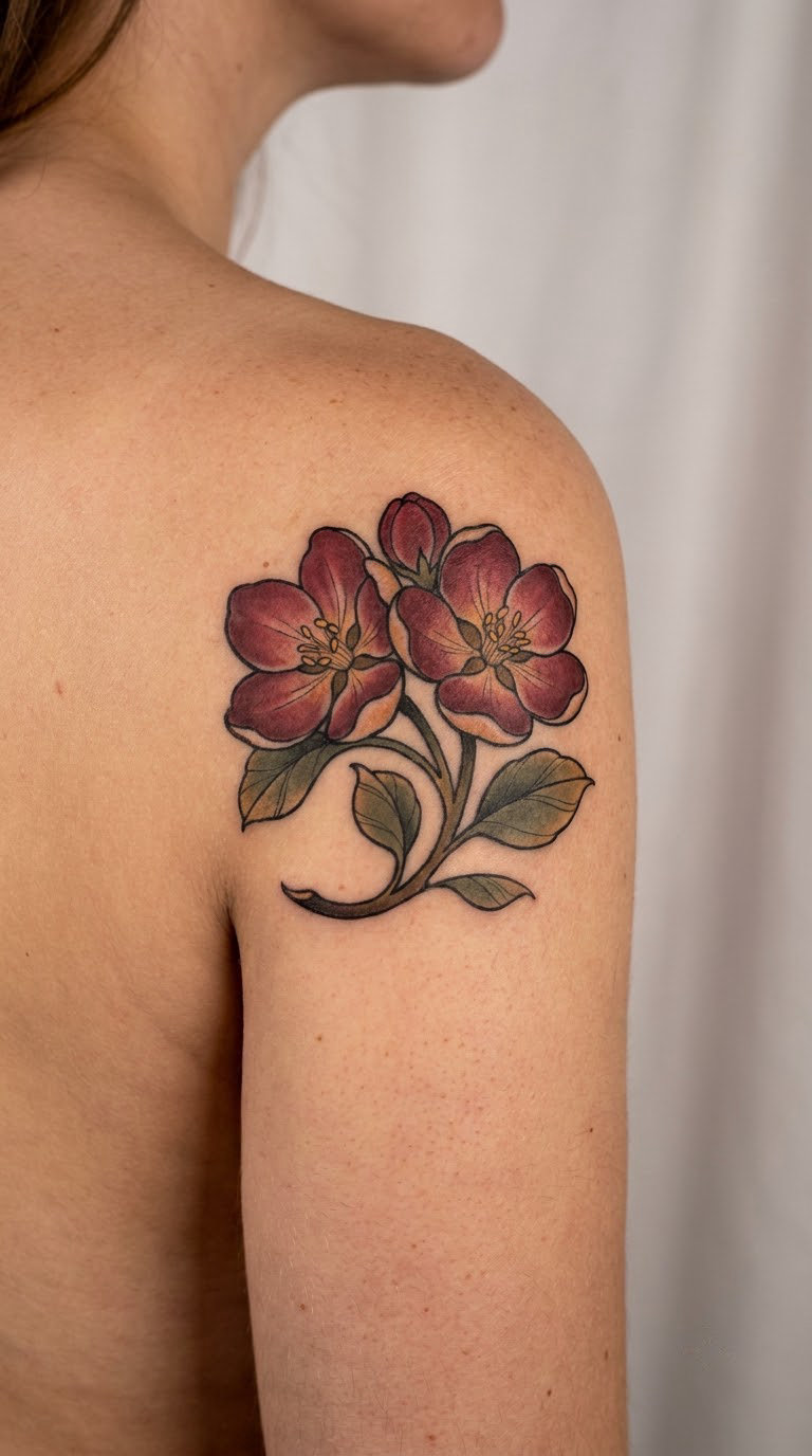 Red Apple Blossom on the Shoulder